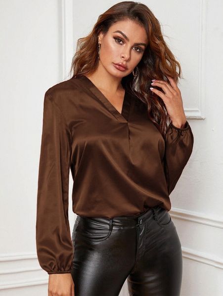 

v-neck lantern sleeve satin blouse z5po#, White