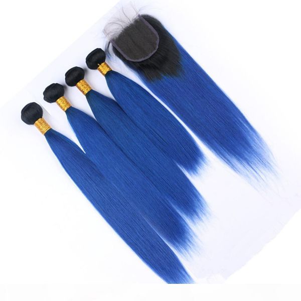 

dark blue ombre brazilian human hair weaves 4pcs with closure straight 1b blue 2tone ombre 4x4 lace closure with virgin hair bundle deals, Black;brown