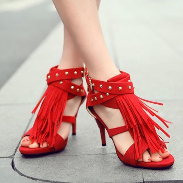 

women's fashion high heeled sandals women's scrub tassels shoes colors1, Black