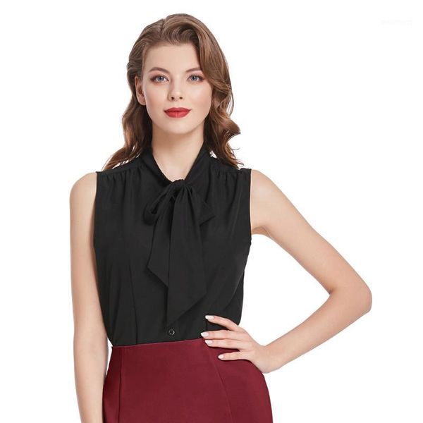 

2020 women fashion blouses bow solid blouse ladies elegant office shirt slim casual sleeveless black white1, White