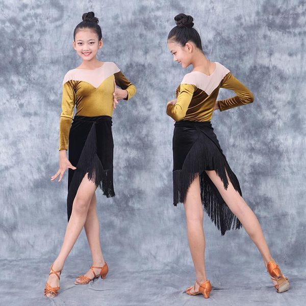 

new latin dance practice clothes latin dance competition dresses children performance long sleeve dress skirts dqs34021, Black;red