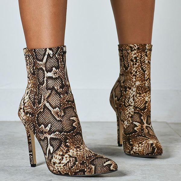 

women's rubber boots zipper leather booties fashion womens shoes 2020 snake print boots-women rain punk high heel genuine, Black