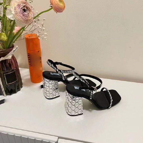 

elegant women metal logo crystal-embellished satin sandals chunky heel designer luxury women dress shoes party wedding prom, Black