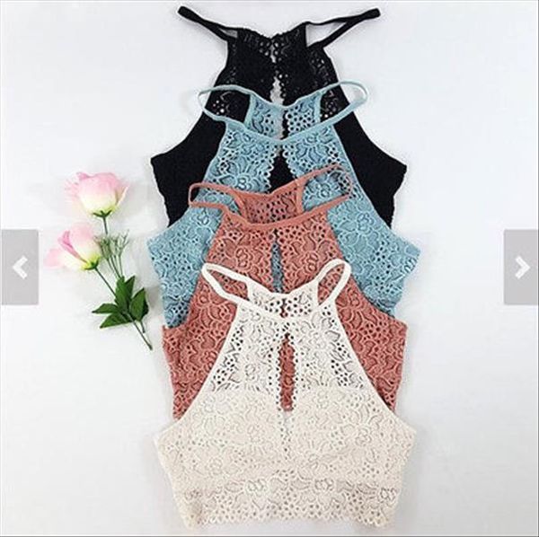 

summer women lace crop elegant white black backless gauze cami spaghetti strap short halter beach cropped tank top