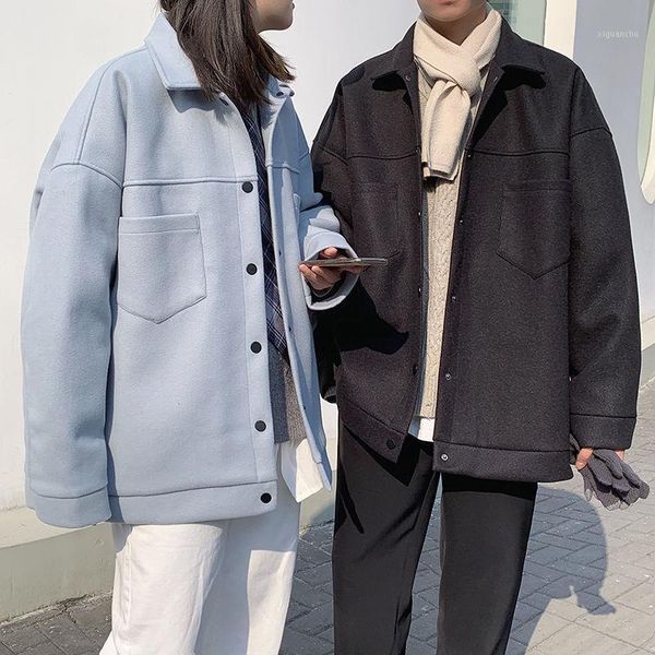 

korean style woolen coat men's fashion solid color casual short woolen coat men streetwear loose winter couple jacket1, Black