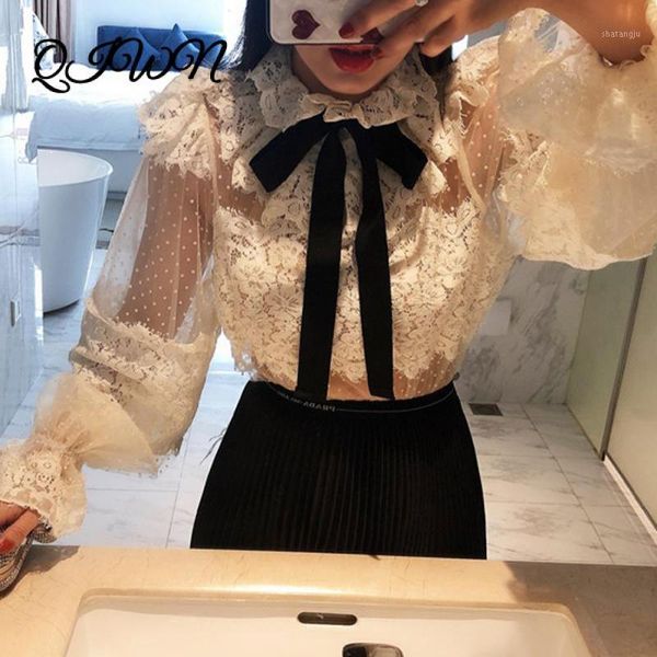 

runway designer summer elegant woman lace shirt lantern sleeve hollow out ruffles shirt sling lining 20201, White