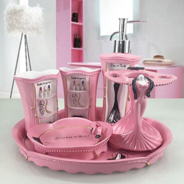 

bath accessory set pink lady european style bathroom 5-piece wedding toiletries creative gift resin toothbrush cup accessories