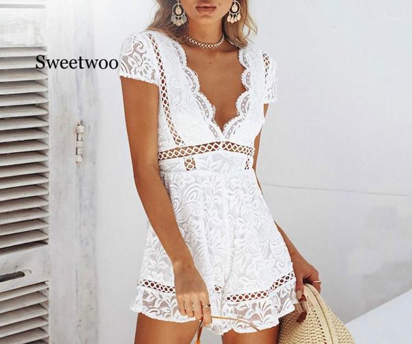 

2020 deep v-neck hollow out white lace women playsuit embroidery cotton jumpsuit elegant party rompers overalls1, Black;white