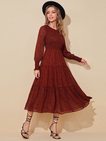 

allover dalmatian print ruffle hem bishop sleeve dress 97my#, Black;gray