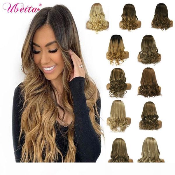 

ubetta 100% real hair wigs highlight natural wave wig human hair wig pre plucked glueless balayage ombre lace frontal wigs women, Black;brown