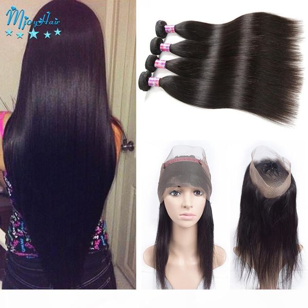 

4 bundles 360 lace frontal brazilian hair bundles with closure virgin hair extensions weave straight 22*4*2 inch human hair lace closure, Black;brown
