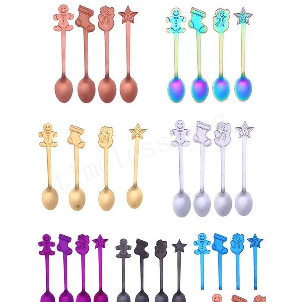 

multicolor christmas coffee spoons stainless steel ice cream desserts spoon set snowman socks star style kids drinking tea scoop