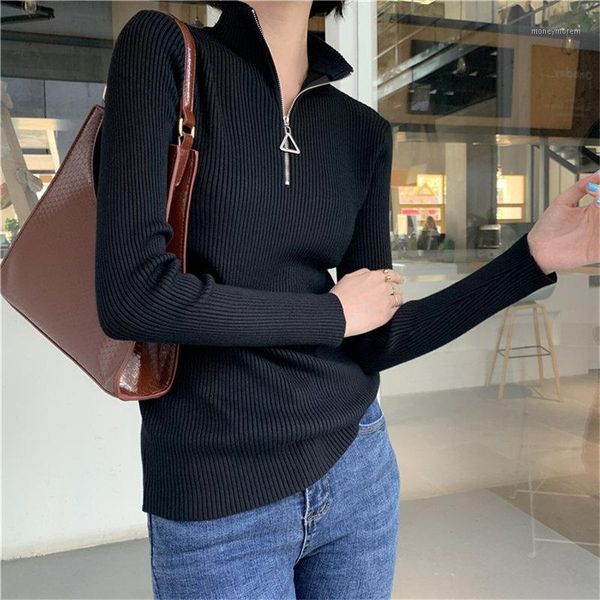 

women's sweaters hzirip black turtleneck knitted pullovers 2021 brief lazy style women slimming office lady warm zipper basic sweater1, White;black