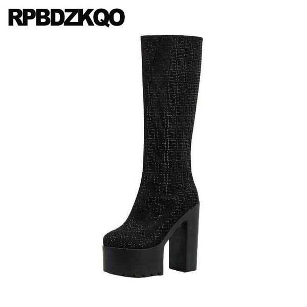 

крайние дамы горный хрусталь высокой пятки блока обувь женщины коренастый китайский высокий фетиш экзотический танцор колено черные сапоги, Black