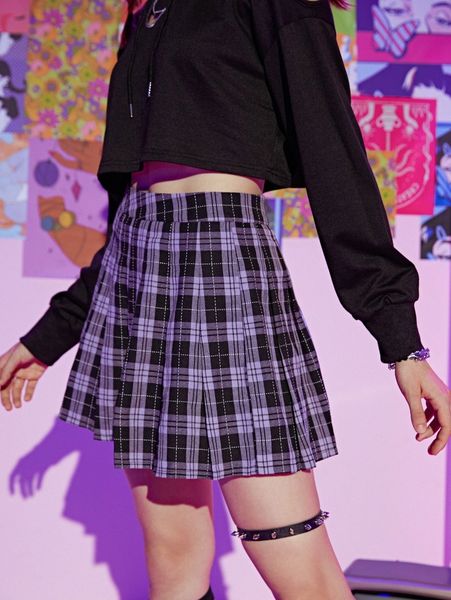 

romwe plaid pleated skirt b0fh#, Black