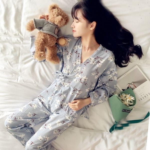 

new fashion women print sweet womens long sleeve kimono pajamas sets warm ladies sleepwear v-neck japanese style home clothing 210203, Black;red