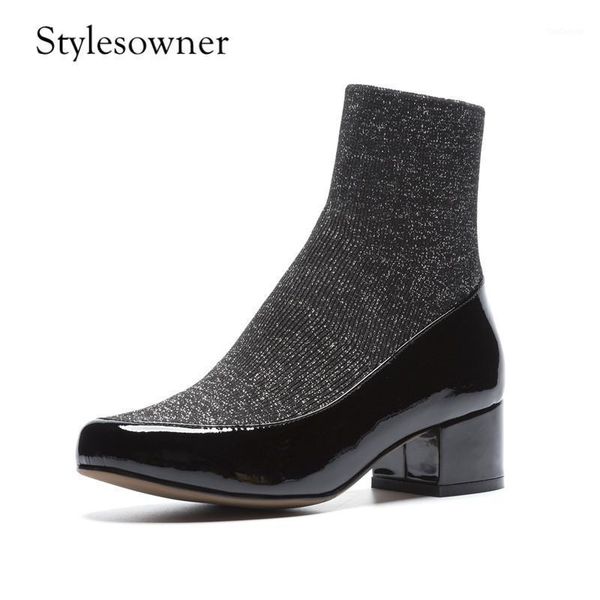 

boots stylesowner style keep warm knitting woman ankle low heels 4cm slip-on all-match round toe winter leisure boots1, Black