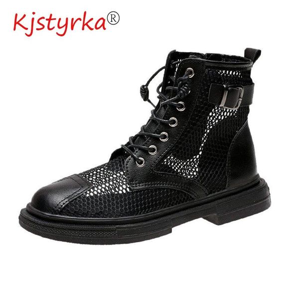 

boots fashion women's round toe lace-up platform motorcycle 2021 summer sweet cute breathable cool hollow hole ankle, Black