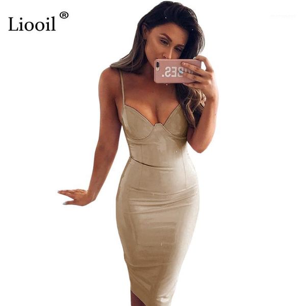 

liooil spaghetti strap leather dress women pu sleeveless deep v neck backless bodycon bandage black summer party dresses1, White;black