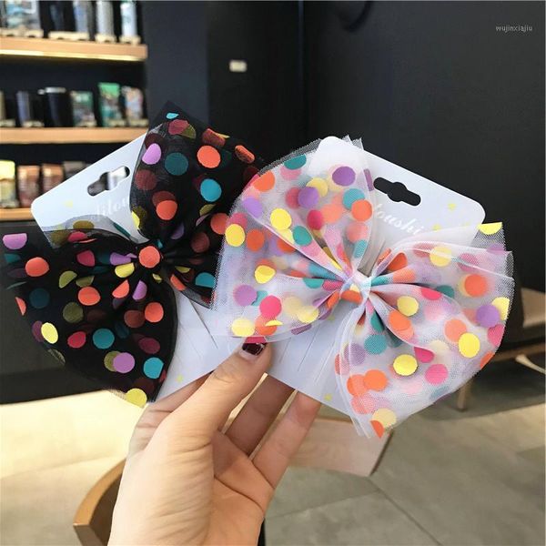 

hair accessories children's rainbow polka dot female circle black color wave gauze bow hairpin1, Slivery;white