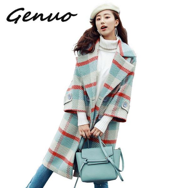

women's wool & blends genuo 2021 women autumn and winter loose lapel plaid long-sleeved jacket coat, Black