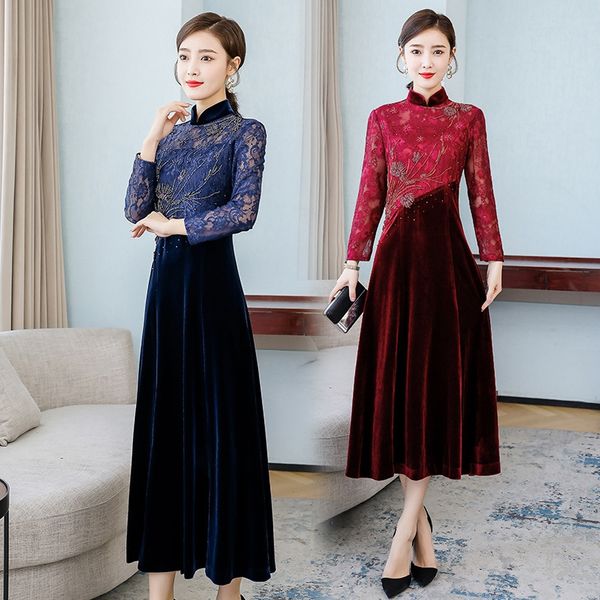 

mother autumn new red velvet cheongsam mother-in-law wedding wedding banquet dress noble dress 6786 cacl4, Black;gray