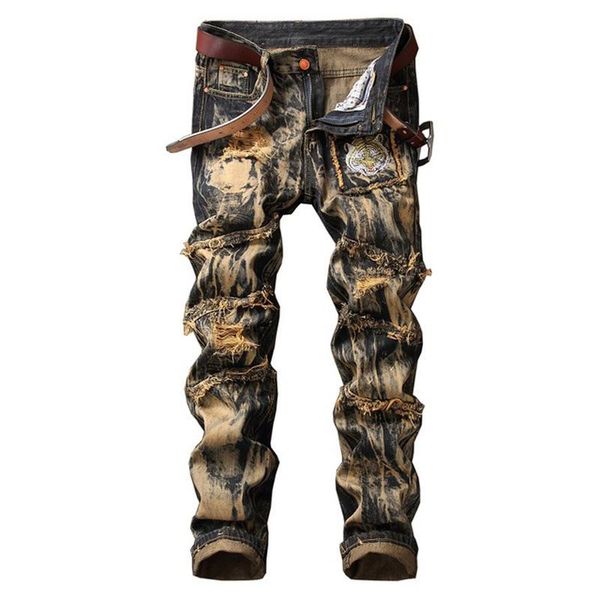 

denim designer hole jeans ripped for men fashions hip hop punk streetwear straight pants plus size trousers, Blue