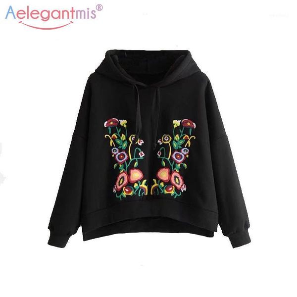 

aelegantmis short plush vintage flower embroidery hoodies women autumn winter loose warm sweatshirts casual hooded tracksuits1, Black