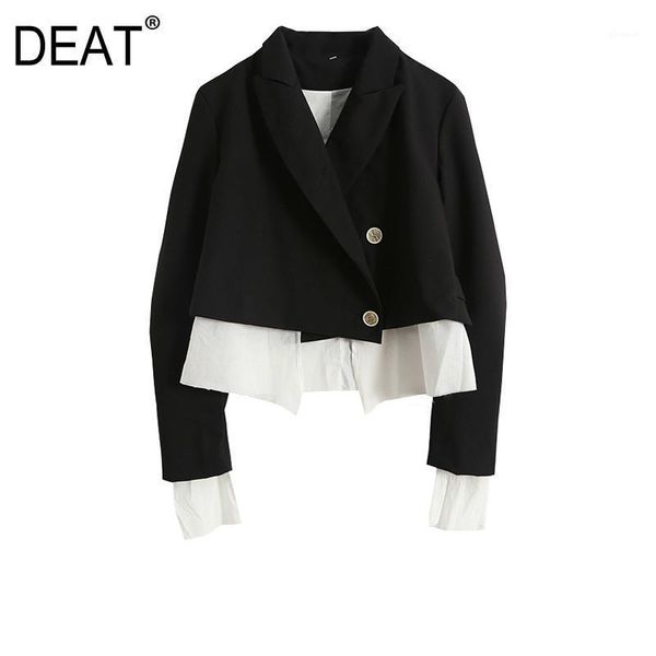 

deat] 2021 spring new fashion tide women v-neck single-breasted splicing long sleeve temperament fake two blazer coat 13a6781, White;black