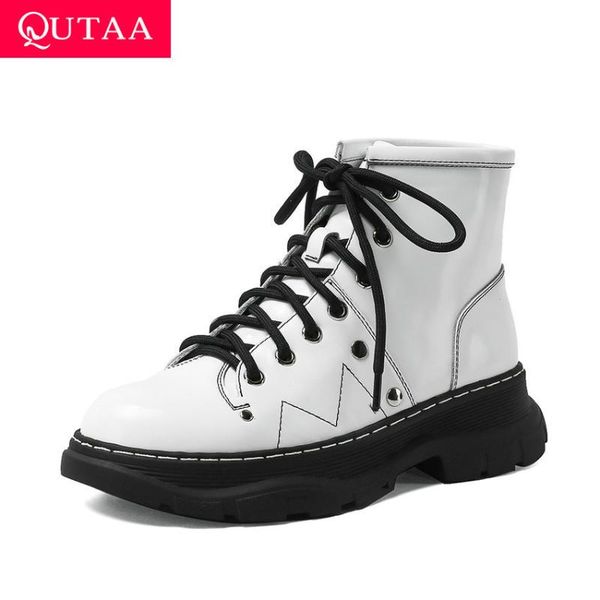 

qutaa 2021 lace up autumn winter ankle boots sewing cow leather round toe short boots square heel casual women shoes size 34-41, Black