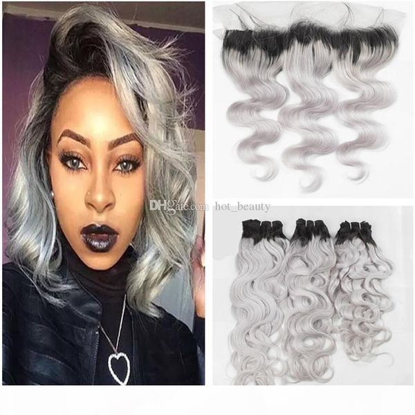 

ombre grey bundles with frontal closure two tone grey bundles brazilian human hair weaves with 13x4 lace frontal wet and wavy virgin hair, Black