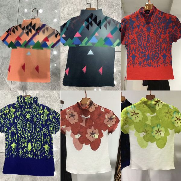 

miyake pleated women's short sleeve high collar 2020 summer print high elastic slim t- chiffon t- shirt shirt for women oxvaq, White