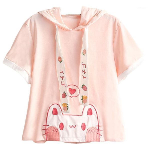

lolita lovely cat ears t-shirt women kawaii strawberry funny 90s girl tees female cute heart anime graphic pink t shirts1, White