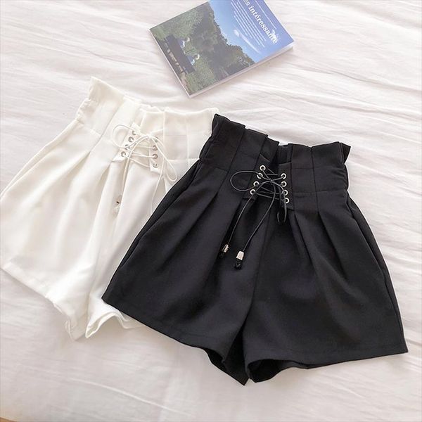 

heliar 2020 spring drawstring shorts womens black pleated waist casual solid short autumn femme elegant spring shorts for women, White;black