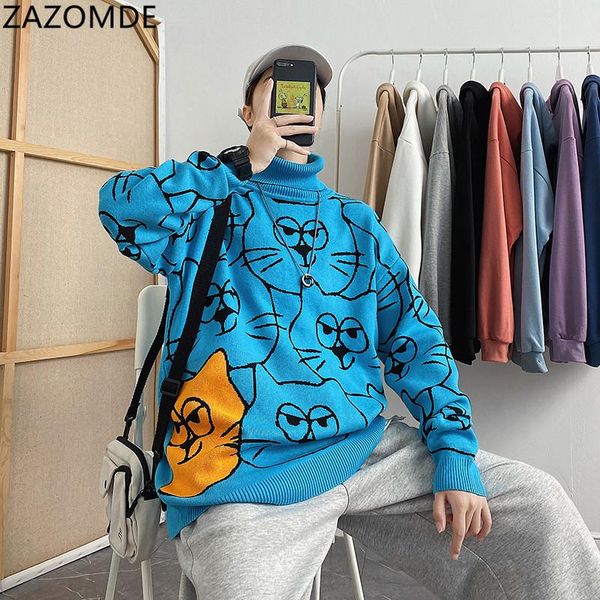 

men turtleneck sweaters autumn winter a pack of cats clothes 2021 pull -2xl korea style casual standard pullovers warm, White;black