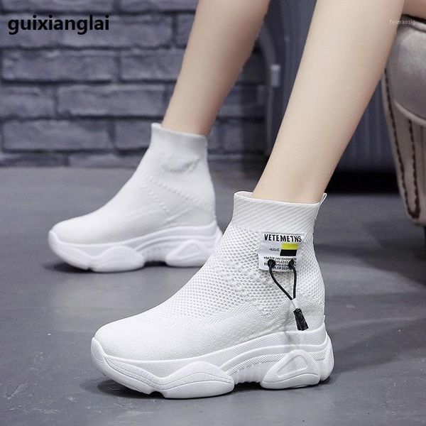 

thick-bottomed boots autumn breathable women's new autumn british 2019 net red within the increase of small sock shoes1, Black