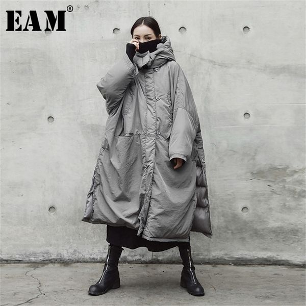 

[eam] hooded cotton-padded gray oversize warm coat long sleeve loose fit women parkas fashion spring autumn je02002 y201012, Black