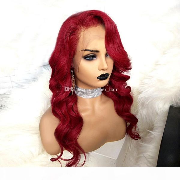 

#99j red full lace human hair wigs body wavy peruvian burgundy hair glueless lace front wigs side part 150% density, Black;brown