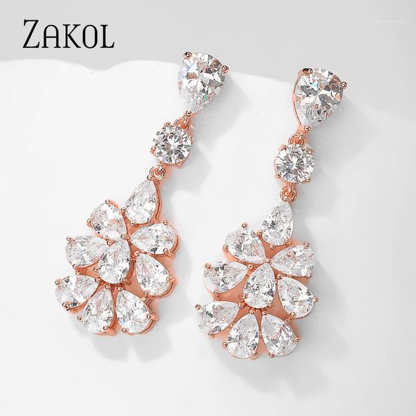 

zakol new white color water drop cubic zirconia dangle earrings for women fashion leaf wedding jewelry fsep25171, Silver