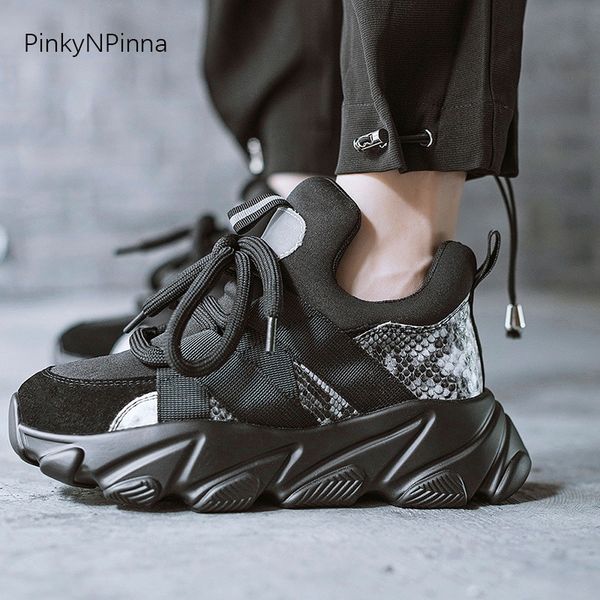 

dark gothic style young women black sneakers super thick bottom cow suede leather mesh python skin pattern school casual shoes y200320