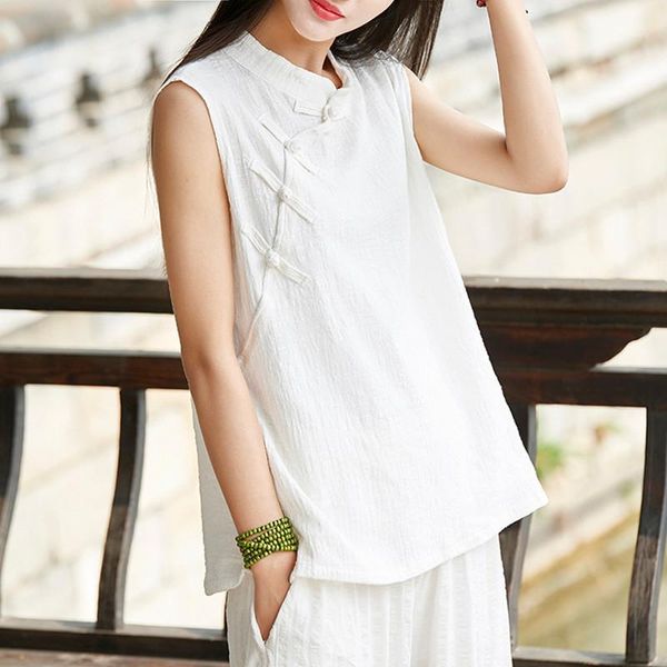 

johnature 2020 summer new tanks sleeveless o-neck chinese style button women solid color vintage pullover cotton linen tanks1, White