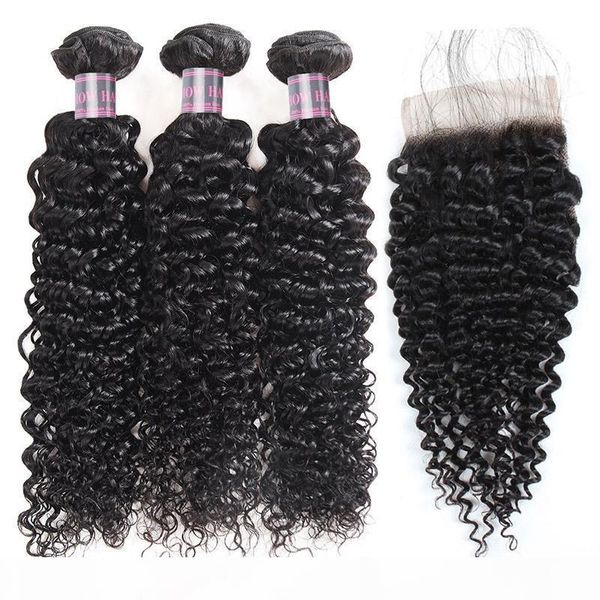 

peruvian hair kinky curly deep wave 3 4pcs with lace closure brazilian yaki straight water wave indian human hair bundles with closure, Black