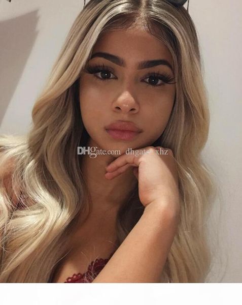 

honey blonde lace front wig glueless full lace wigs human hair ombre wig black roots 1b 613 loose wave malaysian virgin hair, Black;brown