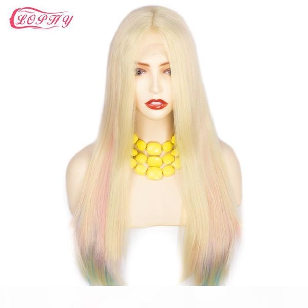 

lophy synthetic lace front wigs long natural wave 22inch omber rainbow color blonde hair wigs heat resistant fiber cosplay, Black;brown