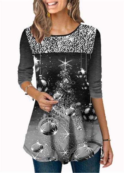 

women christmas t-shirts fashion trend 3/4 sleeve round neck 3d christmas pattern long tee designer female autumn new sequined t-shirt, White