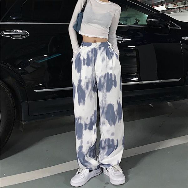 

women's pants & capris personalized tie-dye all-match loose straight streetwear wide-leg 2021 summer sweet high-waist printed casual pa, Black;white