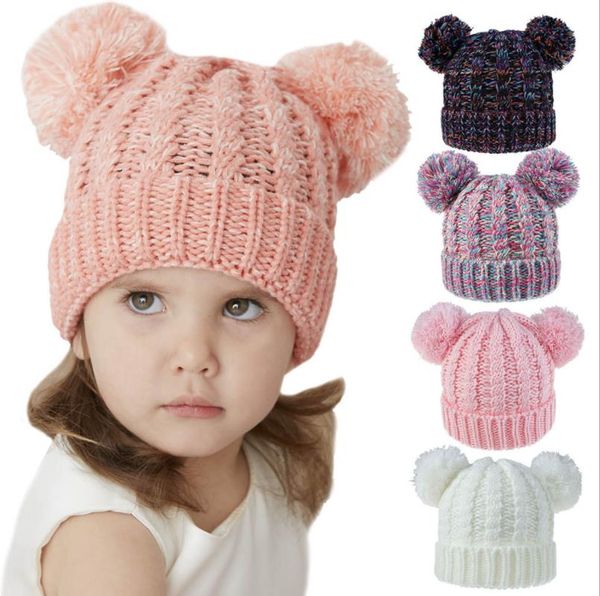

baby girl kids winter hat new infant toddler warm beanies cable knit pom pom ears winter cap hats for girls 2-7 years 2 poms caps hats, Blue;gray