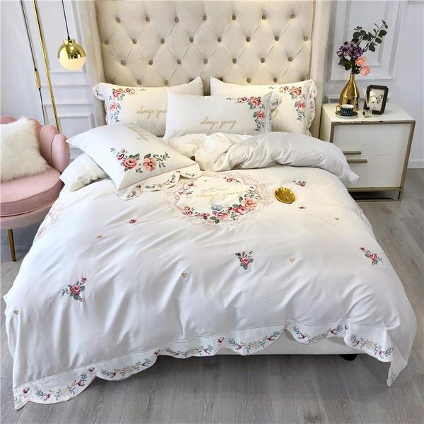 

four seasons white pink 100s egyptian cotton flowers embroidery sheet home pillowcases bed cover bedding textiles duvet set girl