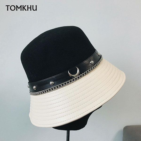 

2021 осень зима новый top hat рыбак hat строчка кожа pu vintage fedora cap женский чародей сомбреро mujer casual, Blue;gray
