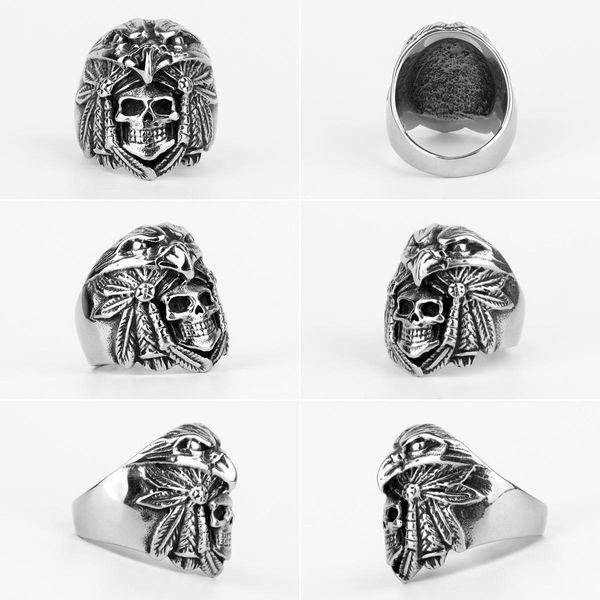 

316l stainless steel punk rock gothic vintage men rings skull eagle indian carving personality for men boy fashion jewelry gift wmtaxg, Bronze;silver
